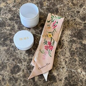 Christian Dior twilly logo floral dusty rose pink neck tie or bag handle scarf
